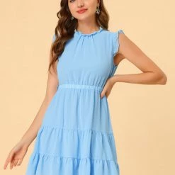 Allegra K Women's Ruffle Neck Tie Belted Sleeveless A-line Tiered Dress