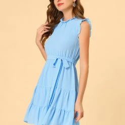Allegra K Women's Ruffle Neck Tie Belted Sleeveless A-line Tiered Dress