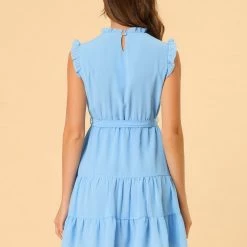 Allegra K Women's Ruffle Neck Tie Belted Sleeveless A-line Tiered Dress