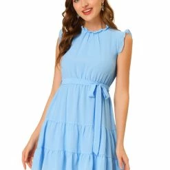 Allegra K Women's Ruffle Neck Tie Belted Sleeveless A-line Tiered Dress