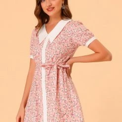 Allegra K Women's Valentine's Day Floral Dress Point Collar Button Up Belted Dresses
