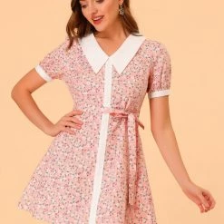 Allegra K Women's Valentine's Day Floral Dress Point Collar Button Up Belted Dresses