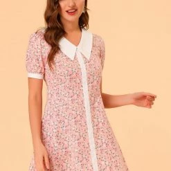 Allegra K Women's Valentine's Day Floral Dress Point Collar Button Up Belted Dresses