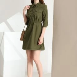 Allegra K Women's Safari Dresses Contrast Stitch Half Placket 3/4 Sleeves Shirt Dress