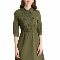 Allegra K Women's Safari Dresses Contrast Stitch Half Placket 3/4 Sleeves Shirt Dress