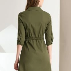 Allegra K Women's Safari Dresses Contrast Stitch Half Placket 3/4 Sleeves Shirt Dress