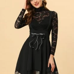 Allegra K Women's Lace Hem Overalls Pinafore Dress Suspenders Skirt