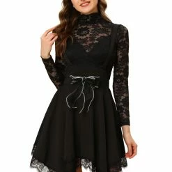 Allegra K Women's Lace Hem Overalls Pinafore Dress Suspenders Skirt