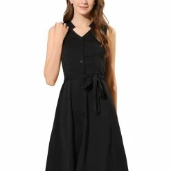 Allegra K Women's Sleeveless V Neck Summer Midi Button Front Dress