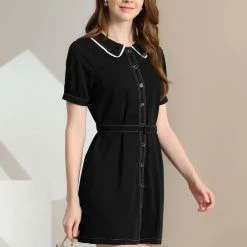 Allegra K Women's Peter Pan Collar Tie Belt Button Front Chiffon A-Line Mini Shirt Dress 11 Allegra K Women's Peter Pan Collar Tie Belt Button Front Chiffon A-Line Mini Shirt Dress