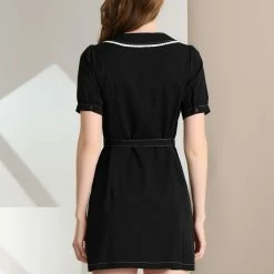 Allegra K Women's Peter Pan Collar Tie Belt Button Front Chiffon A-Line Mini Shirt Dress 13 Allegra K Women's Peter Pan Collar Tie Belt Button Front Chiffon A-Line Mini Shirt Dress