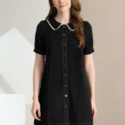 Allegra K Women's Peter Pan Collar Tie Belt Button Front Chiffon A-Line Mini Shirt Dress 14 Allegra K Women's Peter Pan Collar Tie Belt Button Front Chiffon A-Line Mini Shirt Dress