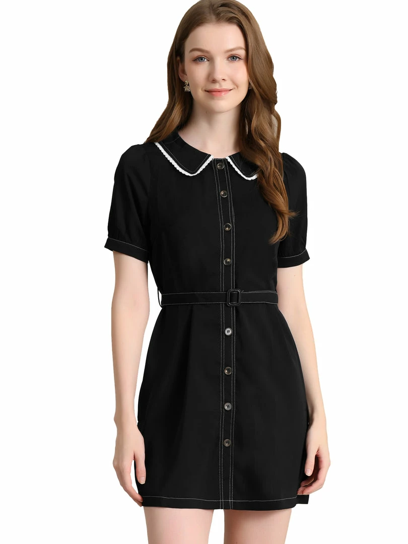 Allegra K Women's Peter Pan Collar Tie Belt Button Front Chiffon A-Line Mini Shirt Dress 4 Allegra K Women's Peter Pan Collar Tie Belt Button Front Chiffon A-Line Mini Shirt Dress