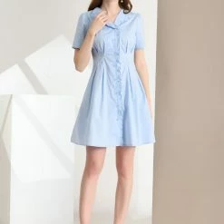 Allegra K Women's Button Up Ruffle Front Ruched Waist A-Line Dress 12 Allegra K Women's Button Up Ruffle Front Ruched Waist A-Line Dress