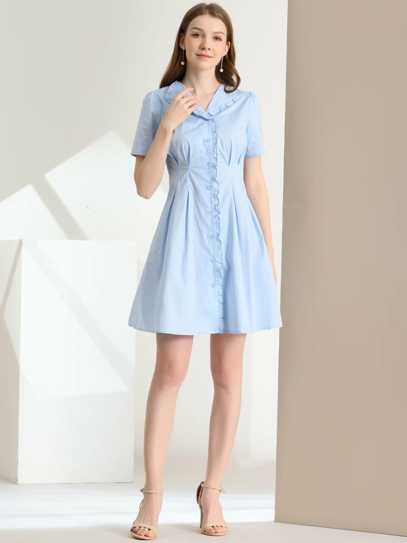 Allegra K Women's Button Up Ruffle Front Ruched Waist A-Line Dress 6 Allegra K Women's Button Up Ruffle Front Ruched Waist A-Line Dress