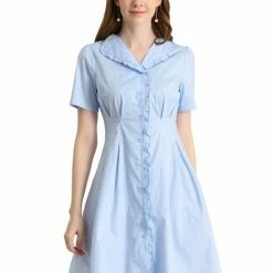 Allegra K Women's Button Up Ruffle Front Ruched Waist A-Line Dress