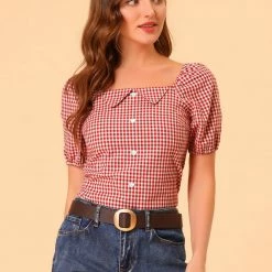 Allegra K Women's Plaid Grid Smocked Back Square Neck Blouse Top 11 Allegra K Women's Plaid Grid Smocked Back Square Neck Blouse Top