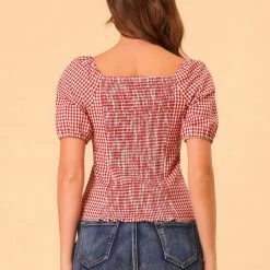 Allegra K Women's Plaid Grid Smocked Back Square Neck Blouse Top 14 Allegra K Women's Plaid Grid Smocked Back Square Neck Blouse Top