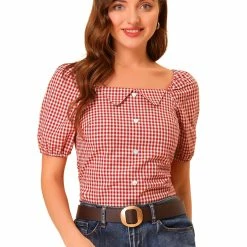 Allegra K Women's Plaid Grid Smocked Back Square Neck Blouse Top 10 Allegra K Women's Plaid Grid Smocked Back Square Neck Blouse Top