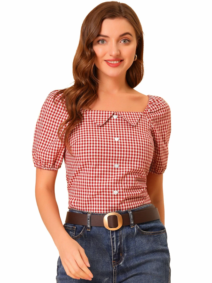 Allegra K Women's Plaid Grid Smocked Back Square Neck Blouse Top 4 Allegra K Women's Plaid Grid Smocked Back Square Neck Blouse Top