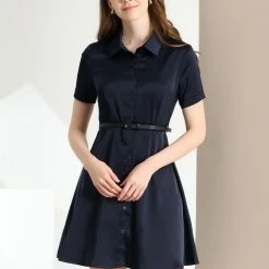 Allegra K Women's Elegant Satin Dresses Short Sleeve Button Down Belted Shirt Dress 11 Allegra K Women's Elegant Satin Dresses Short Sleeve Button Down Belted Shirt Dress