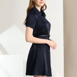 Allegra K Women's Elegant Satin Dresses Short Sleeve Button Down Belted Shirt Dress 12 Allegra K Women's Elegant Satin Dresses Short Sleeve Button Down Belted Shirt Dress