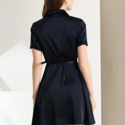 Allegra K Women's Elegant Satin Dresses Short Sleeve Button Down Belted Shirt Dress 13 Allegra K Women's Elegant Satin Dresses Short Sleeve Button Down Belted Shirt Dress