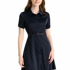 Allegra K Women's Elegant Satin Dresses Short Sleeve Button Down Belted Shirt Dress