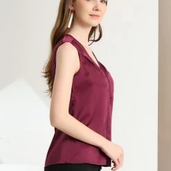 Allegra K Women's Elegant Satin Blouse Work Office Top Hollow Out V Neck Sleeveless Shirt