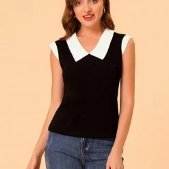 Allegra K Women's Flat Collar Contrast Collar Stretchy Cap Sleeve Casual T-shirt