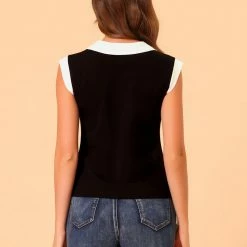 Allegra K Women's Flat Collar Contrast Collar Stretchy Cap Sleeve Casual T-shirt