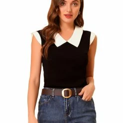 Allegra K Women's Flat Collar Contrast Collar Stretchy Cap Sleeve Casual T-shirt
