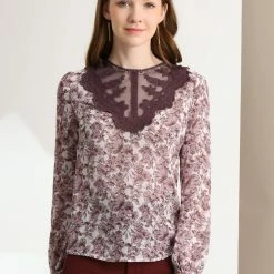 Allegra K Women's Elegant Lace Panel Long Sleeve Chiffon Floral Blouse Tops