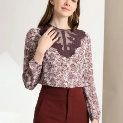 Allegra K Women's Elegant Lace Panel Long Sleeve Chiffon Floral Blouse Tops
