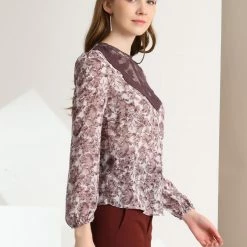 Allegra K Women's Elegant Lace Panel Long Sleeve Chiffon Floral Blouse Tops
