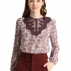 Allegra K Women's Elegant Lace Panel Long Sleeve Chiffon Floral Blouse Tops