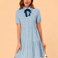 Allegra K Women's Tiered Bow Tie Collar Flare Babydoll A-line Dress