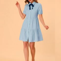 Allegra K Women's Tiered Bow Tie Collar Flare Babydoll A-line Dress