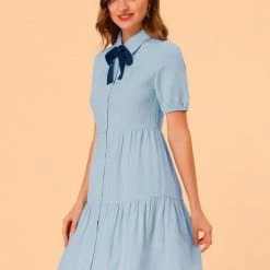 Allegra K Women's Tiered Bow Tie Collar Flare Babydoll A-line Dress