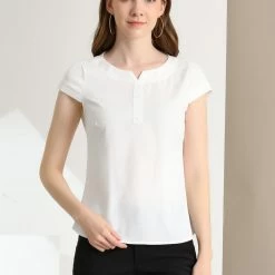 Allegra K Women's Blouse Round Neck Cap Sleeve Button Decor Tops