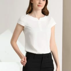 Allegra K Women's Blouse Round Neck Cap Sleeve Button Decor Tops