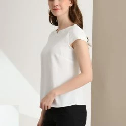 Allegra K Women's Blouse Round Neck Cap Sleeve Button Decor Tops