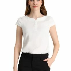 Allegra K Women's Blouse Round Neck Cap Sleeve Button Decor Tops
