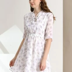 Allegra K Women's Floral Dresses Chiffon Tie Neck Ruffle Cuff Elastic Waist Casual Dress