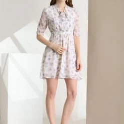 Allegra K Women's Floral Dresses Chiffon Tie Neck Ruffle Cuff Elastic Waist Casual Dress