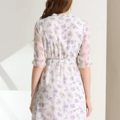 Allegra K Women's Floral Dresses Chiffon Tie Neck Ruffle Cuff Elastic Waist Casual Dress