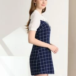 Allegra K Women's Plaid Tie Neck Contrast Panel Puff Short Sleeve Work Dress 11 Allegra K Women's Plaid Tie Neck Contrast Panel Puff Short Sleeve Work Dress