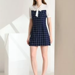 Allegra K Women's Plaid Tie Neck Contrast Panel Puff Short Sleeve Work Dress 12 Allegra K Women's Plaid Tie Neck Contrast Panel Puff Short Sleeve Work Dress