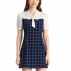 Allegra K Women's Plaid Tie Neck Contrast Panel Puff Short Sleeve Work Dress 10 Allegra K Women's Plaid Tie Neck Contrast Panel Puff Short Sleeve Work Dress