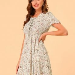 Allegra K Women's Front Drawstring Long Ruffle Bubble Sleeve Square Neck Floral Mini Dress